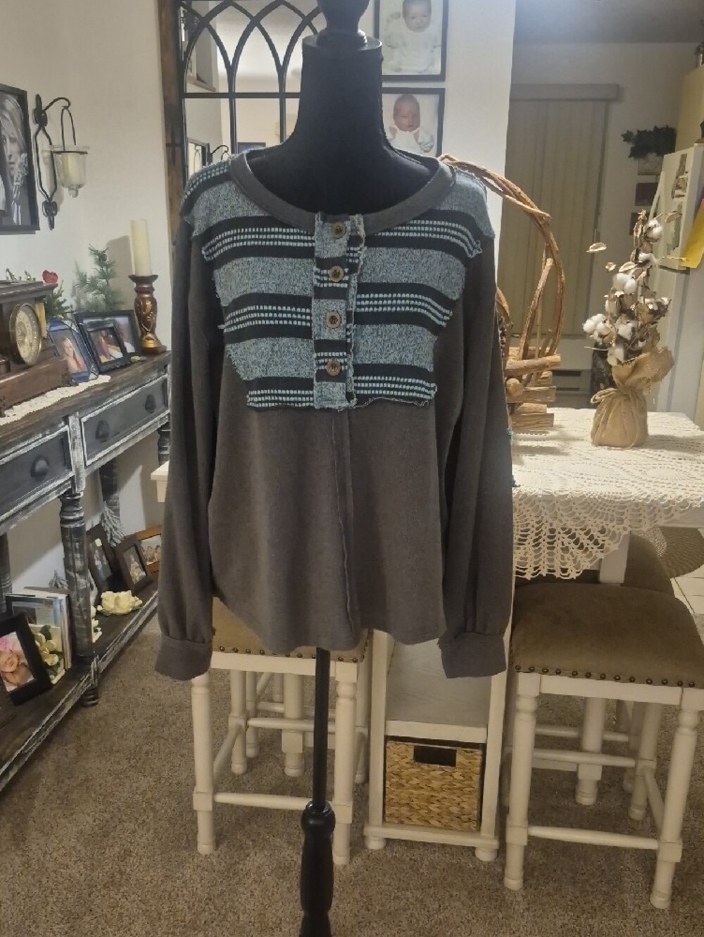 POL Crewneck Top in Brown with Teal-Blue Striped Yoke